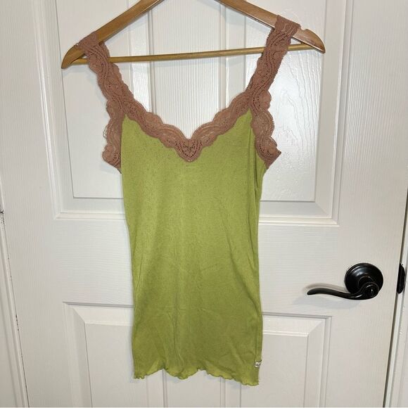 Abercrombie & Fitch Tops - Y2K VTG Abercrombie & Fitch Lime Green Rose Pink Lace Ribbed Cami Top Sz L Fairy